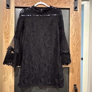 Women’s Black Lace Dress Bell Sleeve Sheer Detail